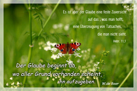 Es ist aber der Glaube eine feste Zuversicht auf das, was man hofft, eine Überzeugung von Tatsachen die man nicht sieht.Heb. 11,1 Der Glaube beginnt da, wo aller Grund vorhanden scheint, ihn aufzugeben. W.de Boor