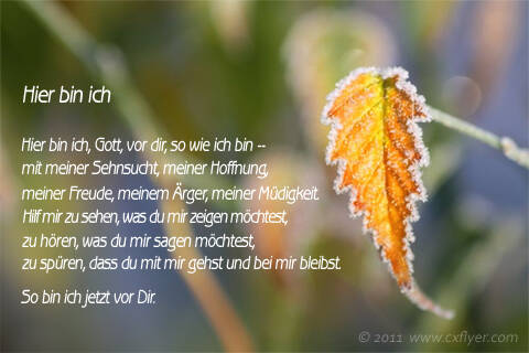 Hier bin ich, Gott, vor dir, so wie ich bin – mit meiner Sehnsucht, meiner Hoffnung, meiner Freude, meinem Ärger, meiner Müdigkeit. Hilf mir zu sehen, was du mir zeigen möchtest, zu hören, was du mir sagen möchtest, zu spüren, dass du mit mir gehst und bei mir bleibst. So bin ich jetzt vor Dir.