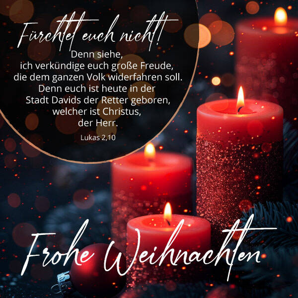 Fürchte euch nicht! Denn siehe, ich verkündige euch große Freude, die dem ganzen Volk widerfahren soll. Denn euch ist heute in der Stadt Davids der Retter geboren, welcher ist Christus, der Herr.